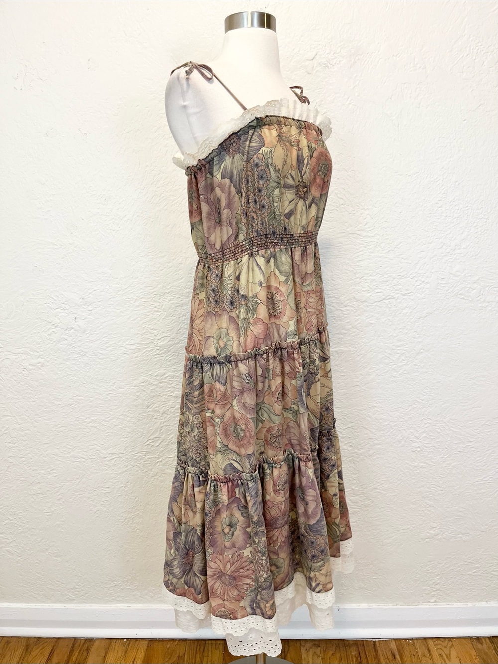 Vintage Dress Midi Floral Cottagecore Farmhouse Boho Prairie Mauve Beige S/M - Picture 6 of 14